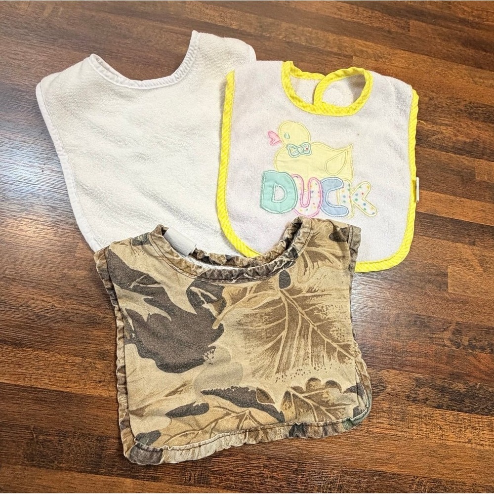 Vintage lot of baby bibs.  Camo, duck.